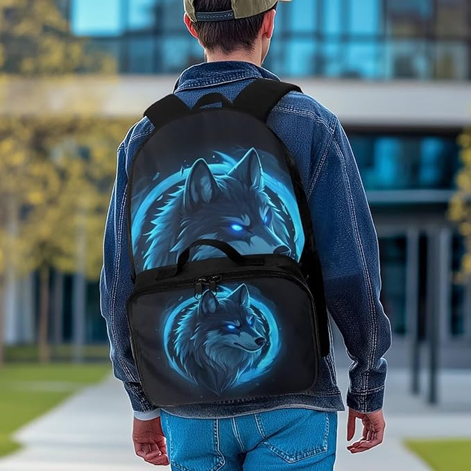Wolf Backpack for Men Large Capacity School Bag for Teen Boys Polyester Bookbag with Detachable Lunch Box for Travel Outdoor Knapsack Book Bag