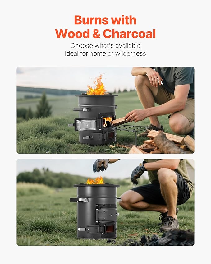 VEVOR Camping Rocket Stove, Wood Burning Portable Rocket Stove with Carrying Bag for Backpacking, SPCC Steel, Double Door, Burn Twigs, Sticks or Charcoals for Outdoor Cooking, Backyard, Camp Cooking