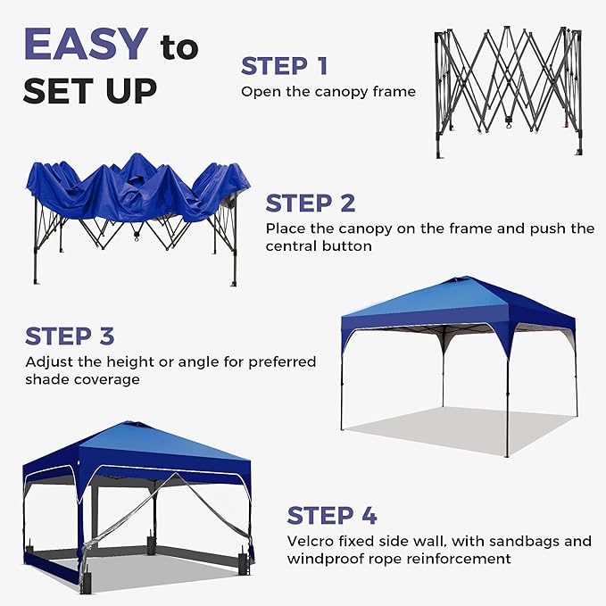 GDY 12x12 FT Pop Up Canopy Tent with One Push Setup,Setup Gazebo with 4 PVC Transparent Sidewalls,Easy Carry for Events, Parties, Camping, Navy Blue.