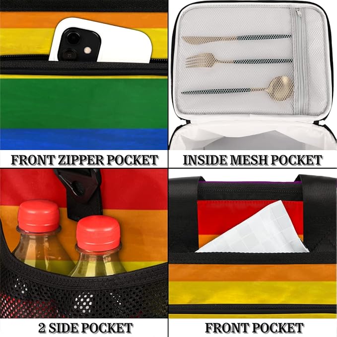Insulated Lunch Bag Rainbow LGBTQ Pride Adult Large Reusable Lunch Box Leakproof Cooler Tote Bag Lunchbox Freezable Lunch Bag with Adjustable Strap for Women Men Picnic Work Beach