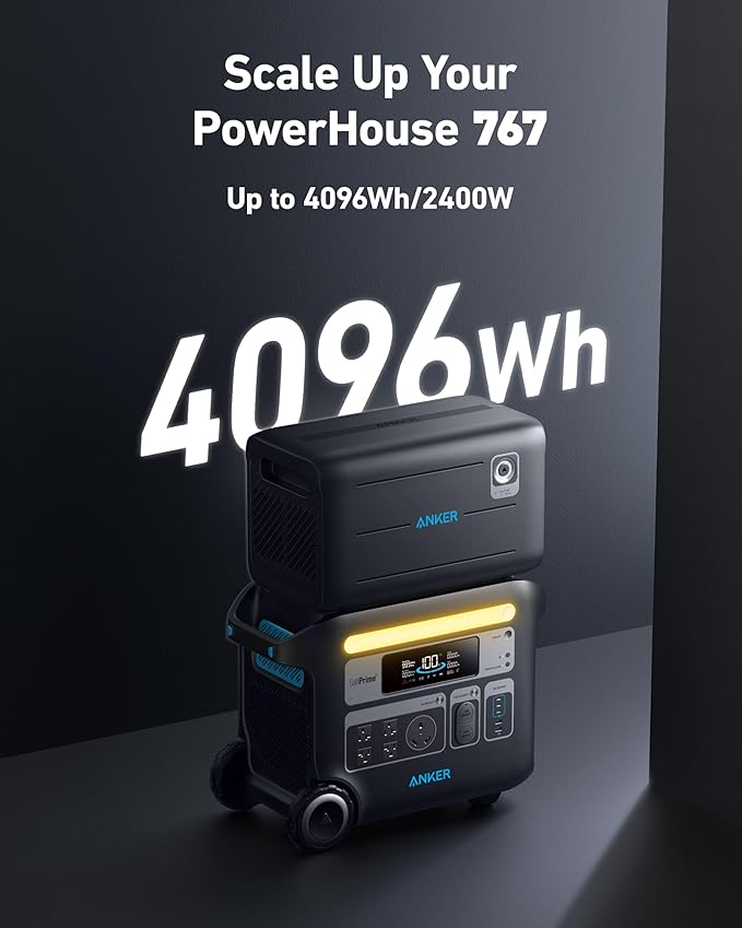 Anker SOLIX F2000 Portable Power Station, PowerHouse 767 and 760 Expansion Battery, 4096Wh LiFePO4 Battery with 4 AC Outlets Up to 2400W, GaNPrime Solar Generator for Home, Outdoor Camping, RV
