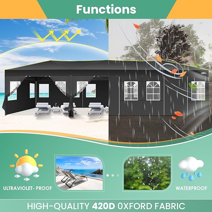 COBIZI 10x30 Pop Up Canopy Tent, Wedding Party Tent with 8 Sidewall One Push Setup Glow, 3 Adjustable Height Air Vent Waterproof UPF50+, Wheeled Bag, Sandbag, Stake, Rope for Commercial, Outdoor
