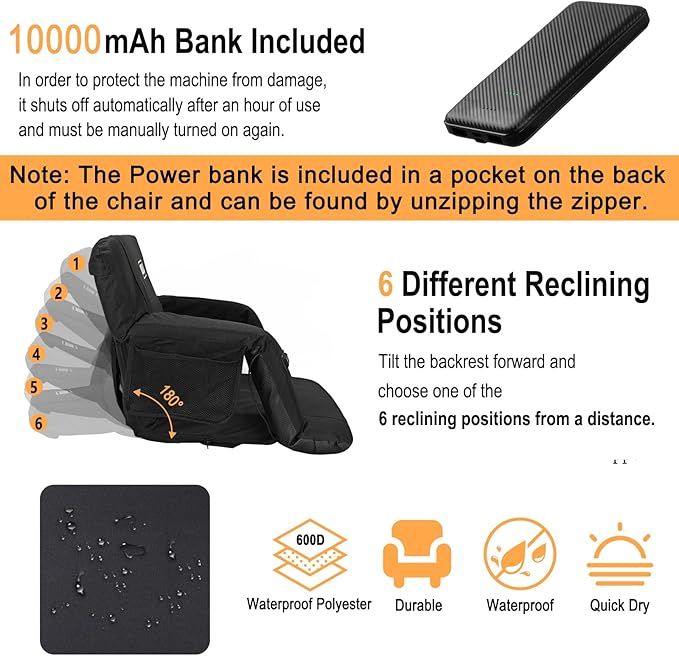 Heated Massage Reclining Stadium Seat, Bleacher Chair with 10000mAh Portable Bank, 6 Reclining Positions for Camping, Games & Sports