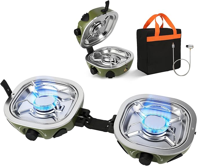 INFOOD Propane Camping Stove 20,000 BTU - Portable 2 Burner Gas Stove with Adjustable Flame Control, Piezo Ignition, Carry Bag & Propane Adapter Hose, Folding Design for Camp, BBQ, Tailgating, Green