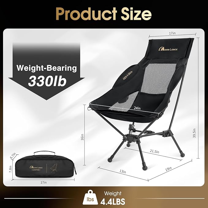 MOON LENCE High Back Folding Camping Chair, 330lbs Portable Compact Chair with Wide Seat & Ergonomic Back Support (Black)