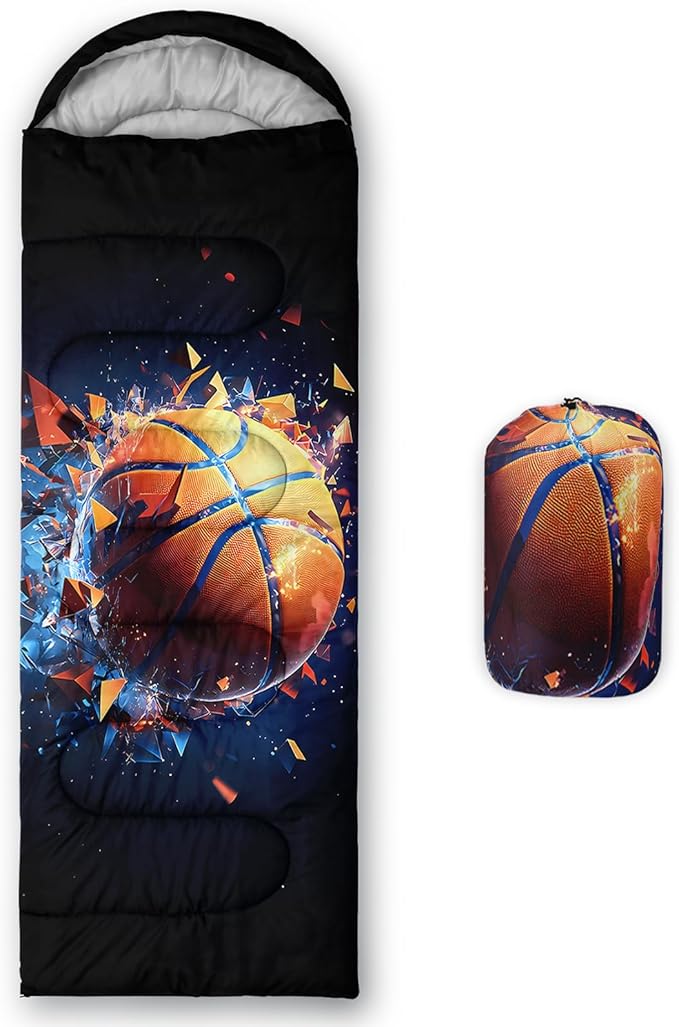 AILONEN Sports Basketball Sleeping Bag for Kids Boys,Warm and Cool Weather,Lightweight,Waterproof Backpacking,3D Galaxy Ball Print Sleeping Bag for Camping