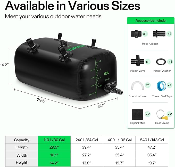 VIVOSUN 110 L/30 Gal Water Storage Bladder, Foldable and Portable Water Tank, Water Storage Bag Containers for RV, Camping, Garden, Irrigation, Drought Resistance, Firefighting
