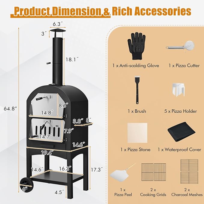 Happygrill Outdoor Pizza Oven Wood Fired, Portable Pizza Maker Grill w/Stone, Peel, Cooking Grids, Built-in Thermometer, Waterproof Cover, Wheels for Barbecue Backyard Camping