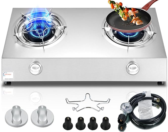 Propane Stove 2 Burner Auto Ignition Propane Burner 26000 BTU Gas Stove with CSA LPG Hose for Outdoor, Emergency