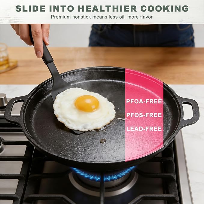 12" Nonstick Cast Iron Griddle Pan -Comals Para Tortillas, Dishwasher Safe&Pre-Seasoned Round Skillet with Handles for Stove Top, Oven, Grill & Camping –Versatile Flat Top for Pancakes&Meats