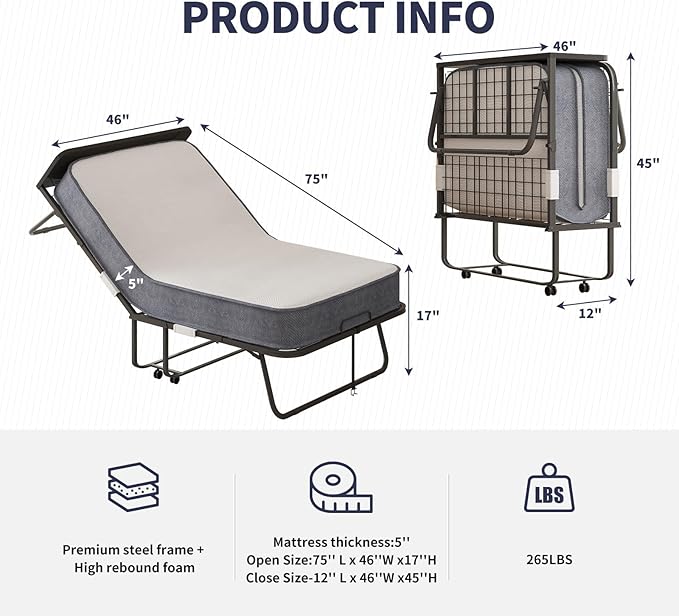 Folding Bed with Memory Sponge Mattress, 75 x 46 Rollaway Bed for Adult, Comfortable Fold Up Portable Sleeping Guest Cot Beds, Perfect for Camping, Travel, Nursing in Hospital - Upgraded