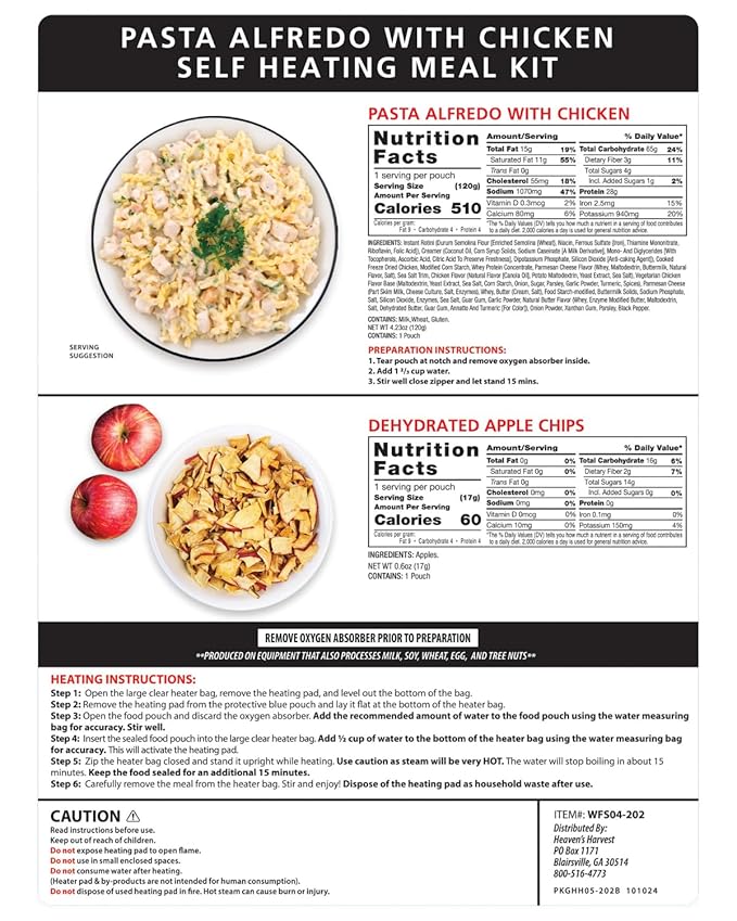 Heaven's Harvest Self-Heating Emergency Meal Kit (10 Year Shelf Life) — Tastier than MRE Meals & Ready-To-Eat in Minutes! Just add water to activate the “cooking” process. (Pasta Alfredo) (12-Pack)