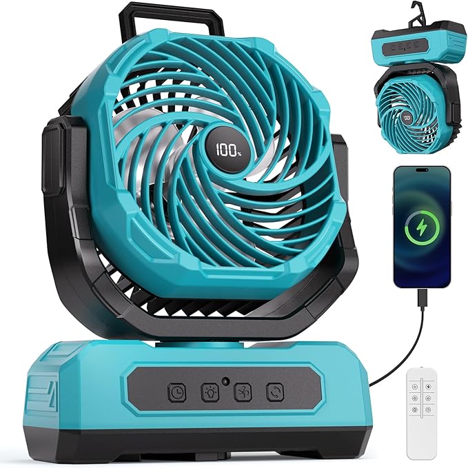 30000mAh Portable Camping Fan with RGB Lantern, Rechargeable Battery Powered Oscillating 4 Wind Speeds LED Display, Remote Control Timer Tent Beach Cordless USB Fans for Travel Home Outdoor, Blue
