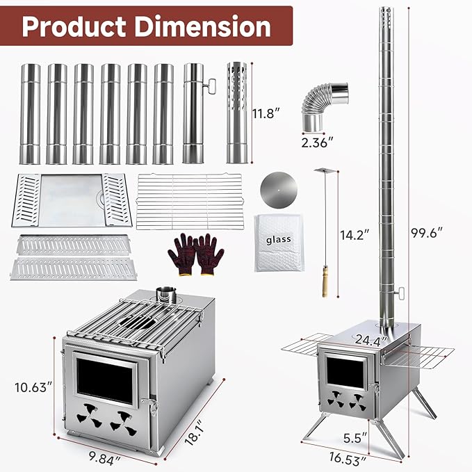 H&ZT Sauna Hot Tent Stove, Portable Wood Burning Stove with Stone Box & 9 Chimney Pipes, Outdoor Rocket Stove Heater for Dry Sauna, Cooking & Winter Heating