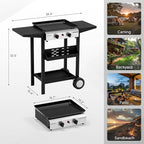 ROVSUN 2 Burner Portable Propane Griddle with Electronic Ignition, 20000 BTU Rolling Flat Top Gas Grill with Nonstick Enameled Tray, Side Shelves & Regulator for Outdoor Cooking Camping BBQ Tailgating