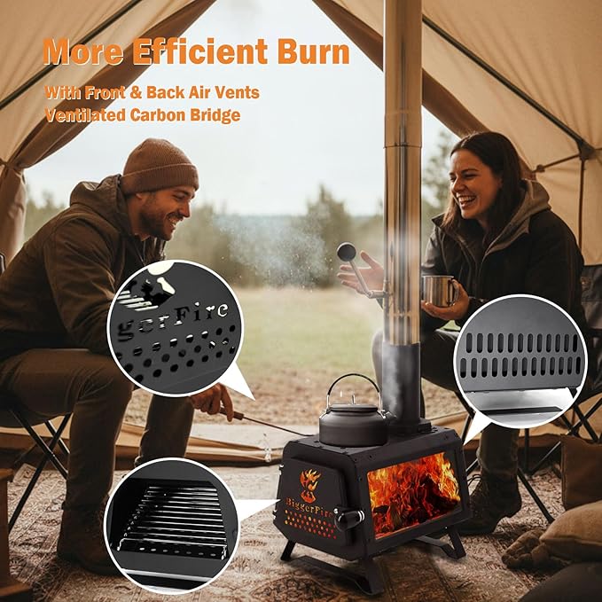 Portable Wood Burning Stove,Hot Tent Stove with Fire Viewing Window,7 Section Stainless Steel Chimney,X-shaped Pot Holder,Wood Stove for Outdoor Camping Heating and Cooking (11 * 9 * 8in)