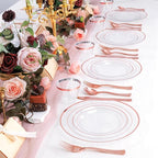 bUCLA 600PCS Clear Rose Gold Plastic Dinnerware Set Disposable - Include 100 Dinner Plates, 100 Dessert Plates, 100 Knives, 100 Forks, 100 Spoons, 100 Cups for Party, Wedding & Valentines Day