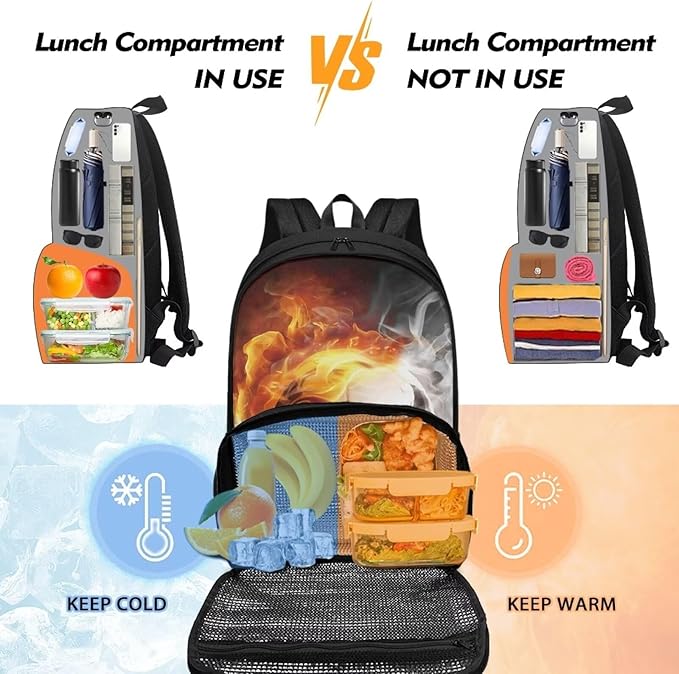 Lunch Backpack for Women Men Work, 17 Inch Insulated Cooler Backpack with Lunch Compartment All In One Meal Bag, Boys School Daypack Bookbag for Travel Casual Office, Fire Flame Soccer