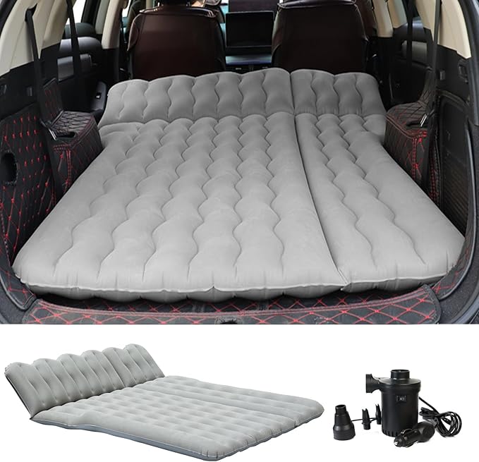 Car Air Mattress, Inflatable SUV Truck Camping Mattress for Back Seat, Thickened Travel Car Bed Sleeping Pad with Air Pump 2 Pillows (SUV-Grey, SUV Air Mattress)
