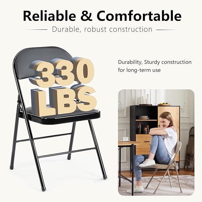 DUMOS 2 Pack Leather Padded Folding Chair, Indoor Outdoor Portable Stackable Commercial Seat with Steel Frame, Capacity for Home, Office, Party, Comfy, Black