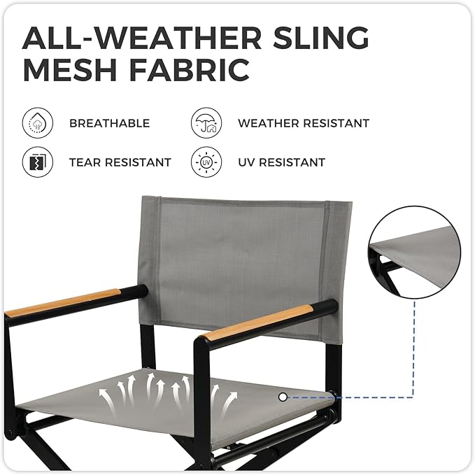 Grand patio Extra-Wide 4-Pack Directors Chairs, Folding Dining Chair Set of 4 with Sling, Woodgrain Armrests, Outdoor, Gray