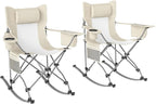 Outsunny Folding Rocking Camping Chairs for Adults, Portable Outdoor Rocking Chairs with Headrest, Cooler Bag, Cup Holder, Carry Bag for Picnic Outside and Outdoor Travel, 2 Pack, Cream