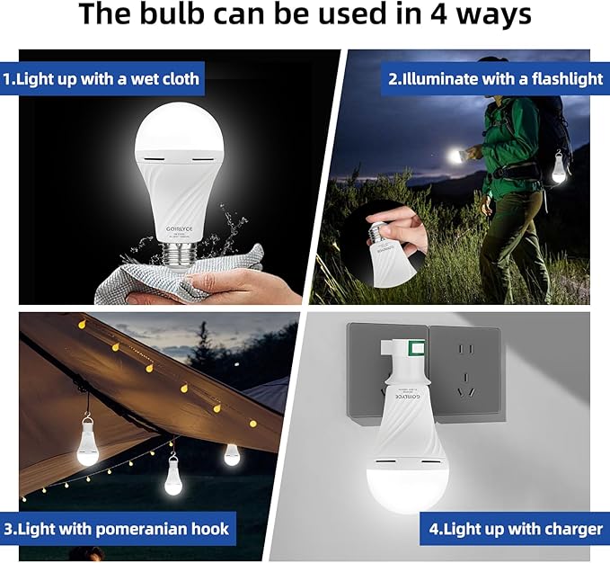 Rechargeable Emergency Light Bulbs, 4 Pack Battery Powered LED Light Bulb with 9W Daylight E27 6500K 1800mAh, Equivalent Self-Charging LED Light Bulbs for Home Power Outage Camping Hurricane Hiking