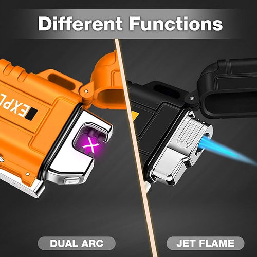 2 Pack Waterproof Lighter Outdoor Windproof Torch Lighters Dual Arc Butane Electric Lighters USB Rechargeable Lighters Flameless Plasma Lighter Camping Hiking Adventure Survival Tactical Gear