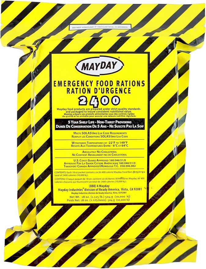 Mayday 73504 12-Pack 2400 Calorie USCG Approved Emergency Food Bars for emergency situations are essential for disaster preparedness. Each bar has enough calories to assist you in getting through the first 72 hours of an emergency situation