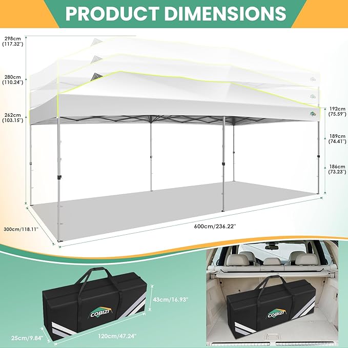 COBIZI 10x20 Pop Up Canopy Tent, Outdoor Party Tent with 6 Sidewall One Push Setup Glow, 3 Adjustable Height Air Vent Waterproof UPF50+, Bag, 4 Sandbag, 6 Stake, 12 Rope for Beach, Commercial