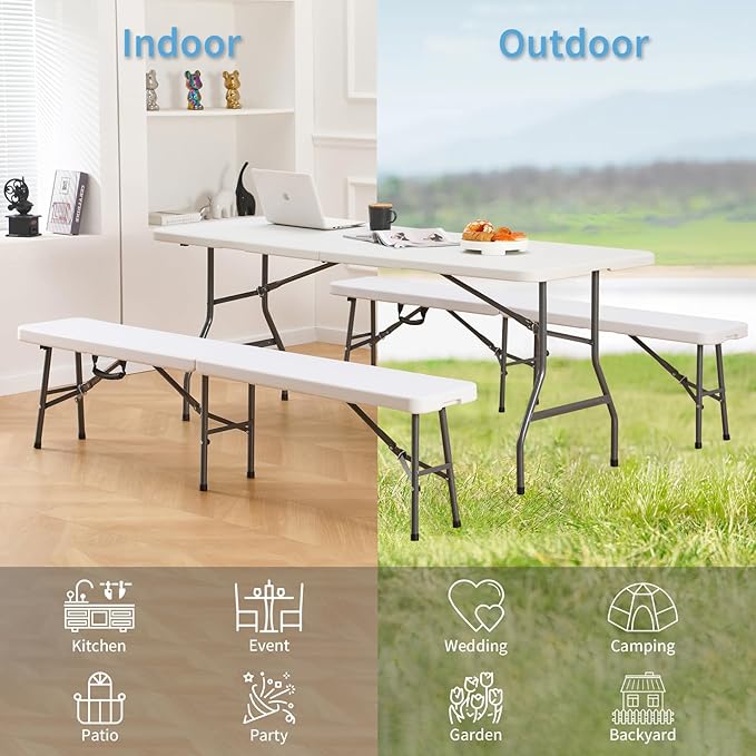 KAIHAOWIN 6FT Plastic Folding Bench White with Carrying Handle Indoor/Outdoor Portable Seat for Picnic, Camping, Dining, Party