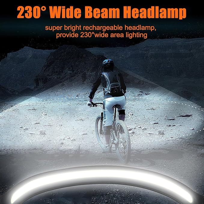 LED Headlamp Flashlight, High Lumens 230° Broadbeam Headlight, USB Rechargeable Head Lamp with Digital Power Display, Lightweight Waterproof Headlamps for Camping Running Hiking, Flexible Silicone