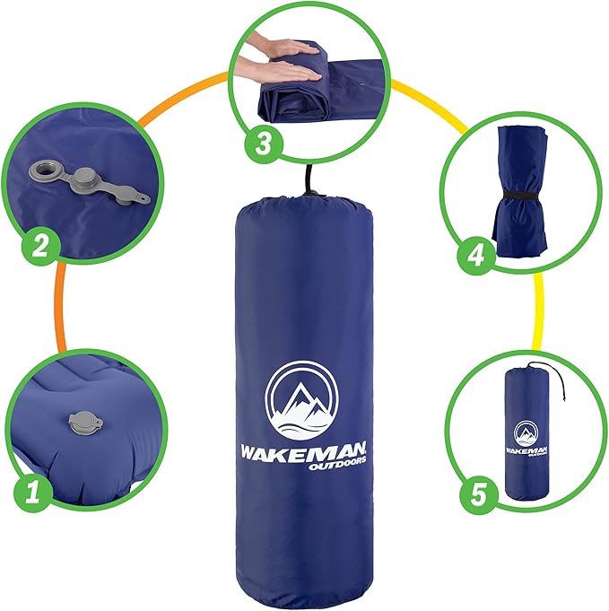 Sleeping Pad for Camping - Inflatable Mat with Built-in Foot Pump - Waterproof Camp Mattress - Camping Gear Must Haves by Wakeman Outdoors (Blue)