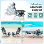Giantex Folding Beach Chair, Patio Sling Chairs with 5 Adjustable Position, Head Pillow, Storage Bag, Towel Bar, Cup Holders, Backpack Chairs for Sunbathing, Camping Chair