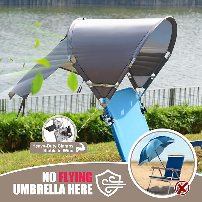 Universal Chair Umbrella Canopy, UPF 50+ Chair Sun Shade Attachment with Adjustable Clamp Fits Most Brands’ Beach, Camping, Lawn, Wheelchair, Tanning, Zero Gravity, Lounge, Fishing Chairs, Patented
