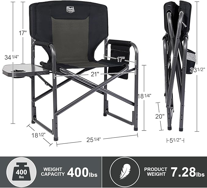 TIMBER RIDGE Lightweight Oversized Camping Chair, Aluminum Directors Chair with Side Table for Outdoor Camping, Lawn, Picnic and Fishing, Supports 400lbs, Black 2PCS