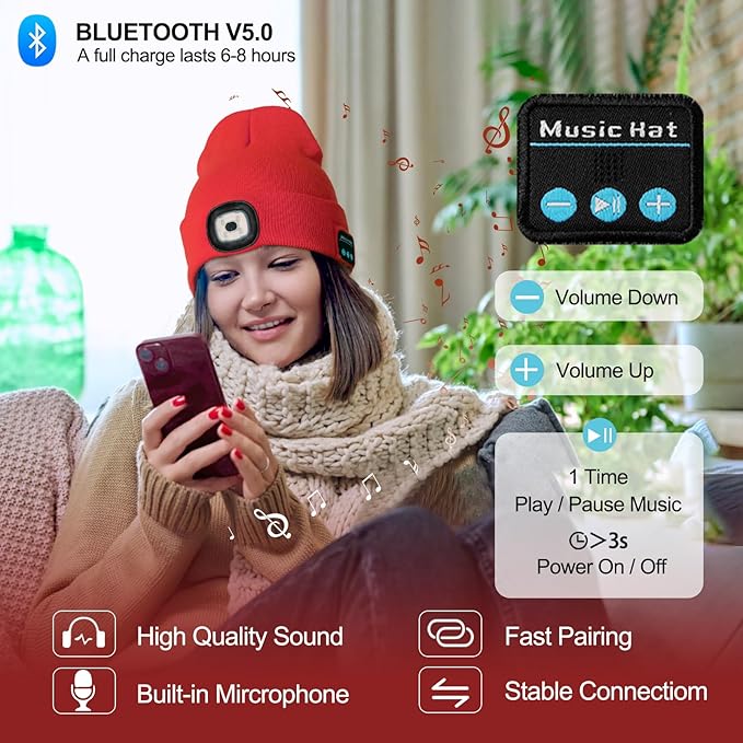 Gifts for Men, Rechargeable Bluetooth Music Unisex Beanie Hat with Light, Valentines Day Gifts for Him, Birthday Gifts for Men, Women, Red