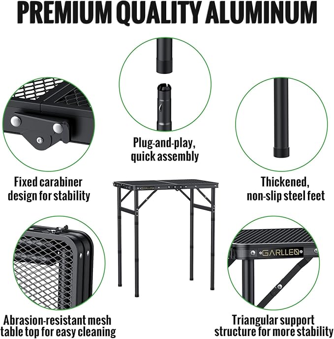 GARLLEN 2ft Folding Grill Table Max Capacity 66lbs, 3-Height Adjustable Folding Camping Table with Heat-Resistant Mesh Tabletop, Portable Aluminum Picnic Tables for BBQ, Outdoor, 22.8" L x 15.7" W