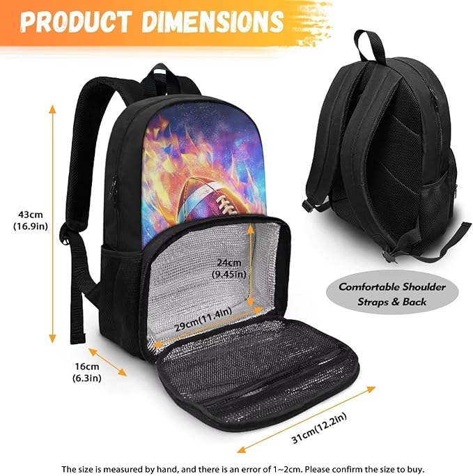 Fire Flame Rugby Lunch Backpack for School Work Travel Large Capacity Hiking Picnic Cooler Backpack All In One Backpack Primary Middle High School Bookbag
