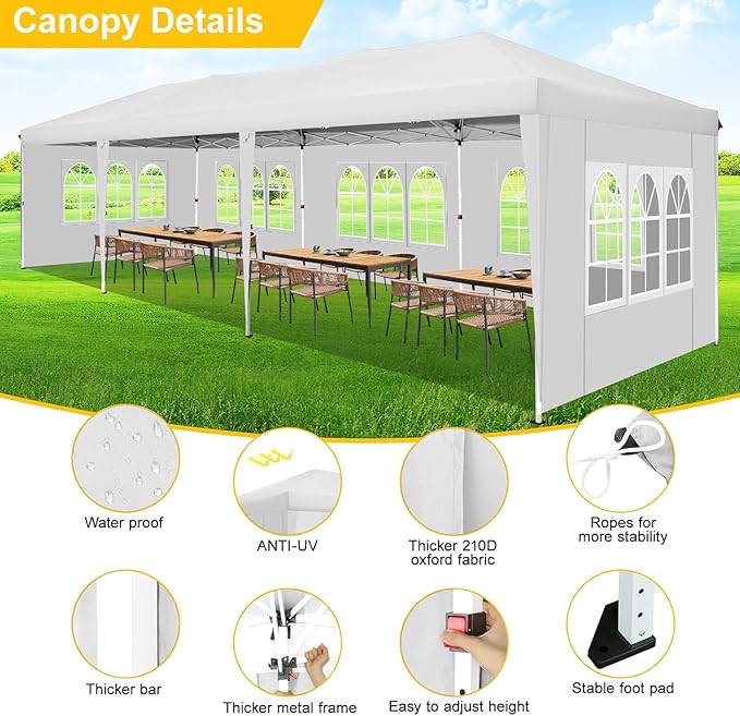 COBIZI 10x30 Pop Up Canopy with 8 Sidewalls for Parties Wedding Backyard, Waterproof Outdoor Commercial Event Shelter with Stakes, Ropes, Sandbags, White