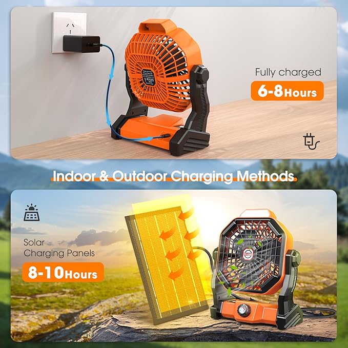 Drchop 30000mAh Solar Camping Fan, 10W Solar Powered Fans with Solar Panel, Rechargeable Fan & Led Lantern, Battery Operated Powered Outdoor Tent Fans for Camping Summer Essentials (Orange)