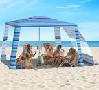 Rhino Valley Beach Cabana, 8 * 8FT Beach Tent UPF50+ Protection, Easy Setup Beach Canopy Wind Resistant with Cup Holder, Compact Beach Shade Foldable Beach Tent Sun Shelter, Blue Four Stripes