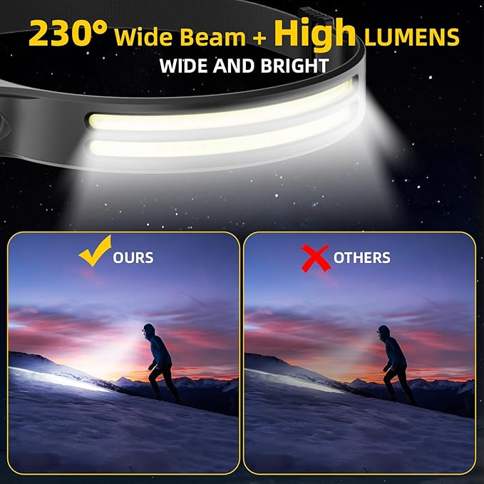 2Pack LED Headlamp Rechargeable - 230° COB Super Bright Head Lights for Forehead, Hard hat Light for Adults, USB C Headband Flashlight for Work, Hunting, Running, Camping Essentials Gear