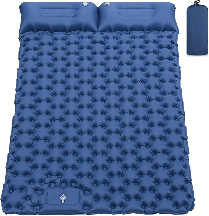 Inflatable Double Camping Mat with Pillow, Build-in Foot Pump Ultralight Sleeping Air Pad for 2 Person, Portable Sleeping Bed Compact for Camping Hiking Backpacking Outdoor (Blue, Double)