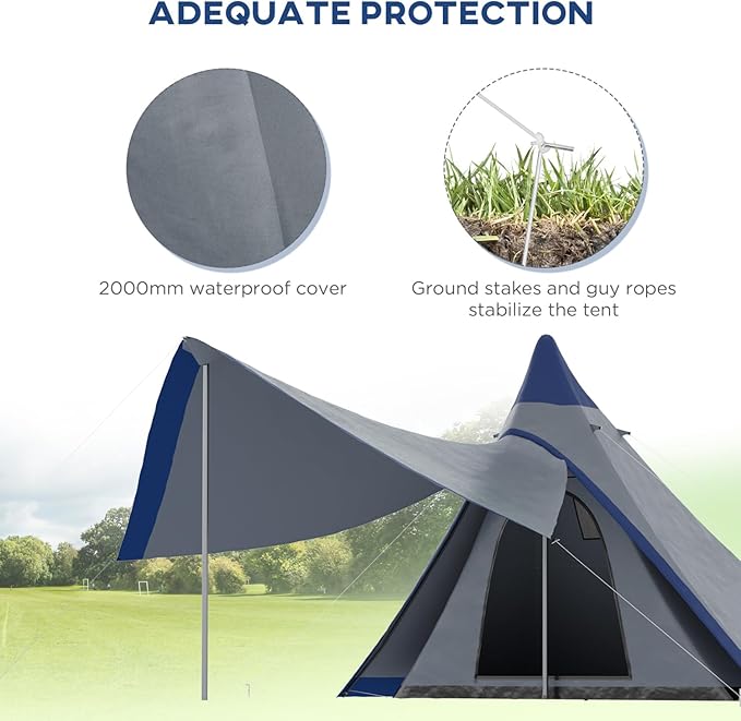 Family Teepee Tent Waterproof Camping Tent with Porch, Floor & Carry Bag for 2-3 Person Backpacking, Hiking, and Outdoor Adventures Blue