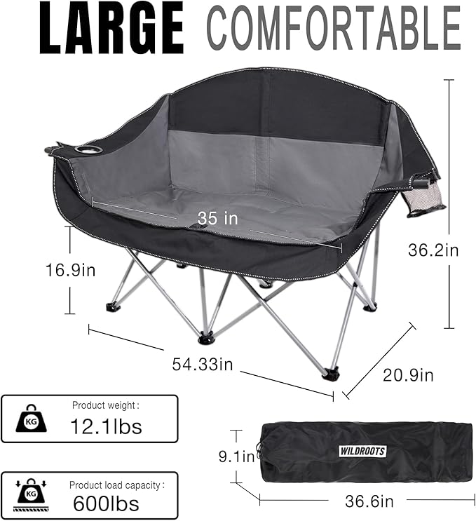 WILDROOTS Outdoor Folding Double Camping Chair Adults 2 Person,Heavy Duty 600 LBS Loveseat with 2 Cup Holder,Portable Carry Bag Included for Camping,Lawn,Backyard,Movie
