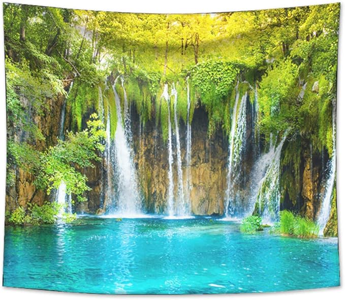Forest Waterfall Tapestry Wall Hanging Sandy Beach Picnic Rug Camping Tent Sleeping Pad Home Decor Bedspread Sheet Wall Cloth (104x88inch,7)