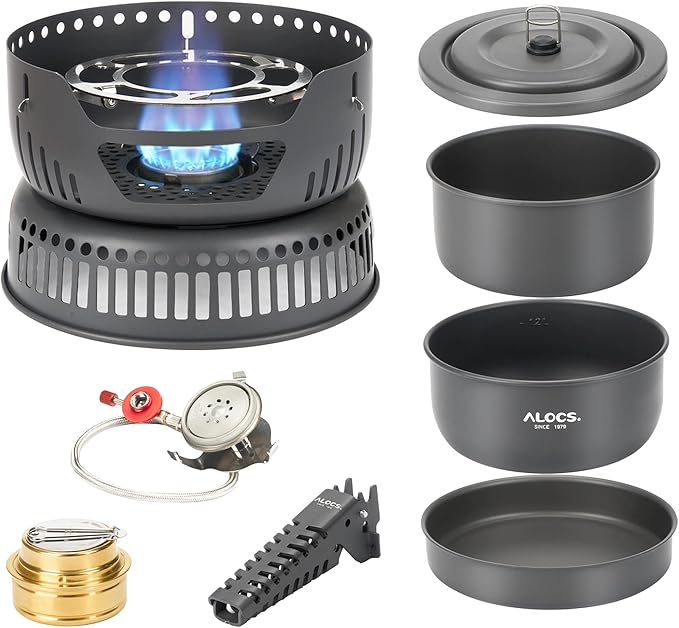 ALOCS Camping Cookware - 11 Piece Lightweight Camp Cooking Set with Portable Camping Stove & Gas Stove Burner - Durable Compact Camping Pot for Hiking Car Camping Vanlife RV
