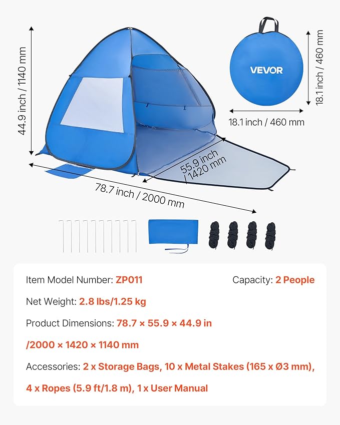 VEVOR Beach Tent Sun Shelter for 2 Person, UPF 50+ Protection, Portable Sun Shade Beach with Carrying Bag & Sand Pockets, Lightweight and Easy Setup Beach Umbrella for Camping Fishing Outdoor Picnic