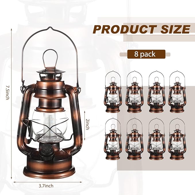 Hortsun 8 Pcs 8 Inch Vintage LED Hurricane Lantern Warm Leds and Dimmer Switch Battery Operated Farmers Hanging Lantern for Indoor Outdoor Camping Usage Decor